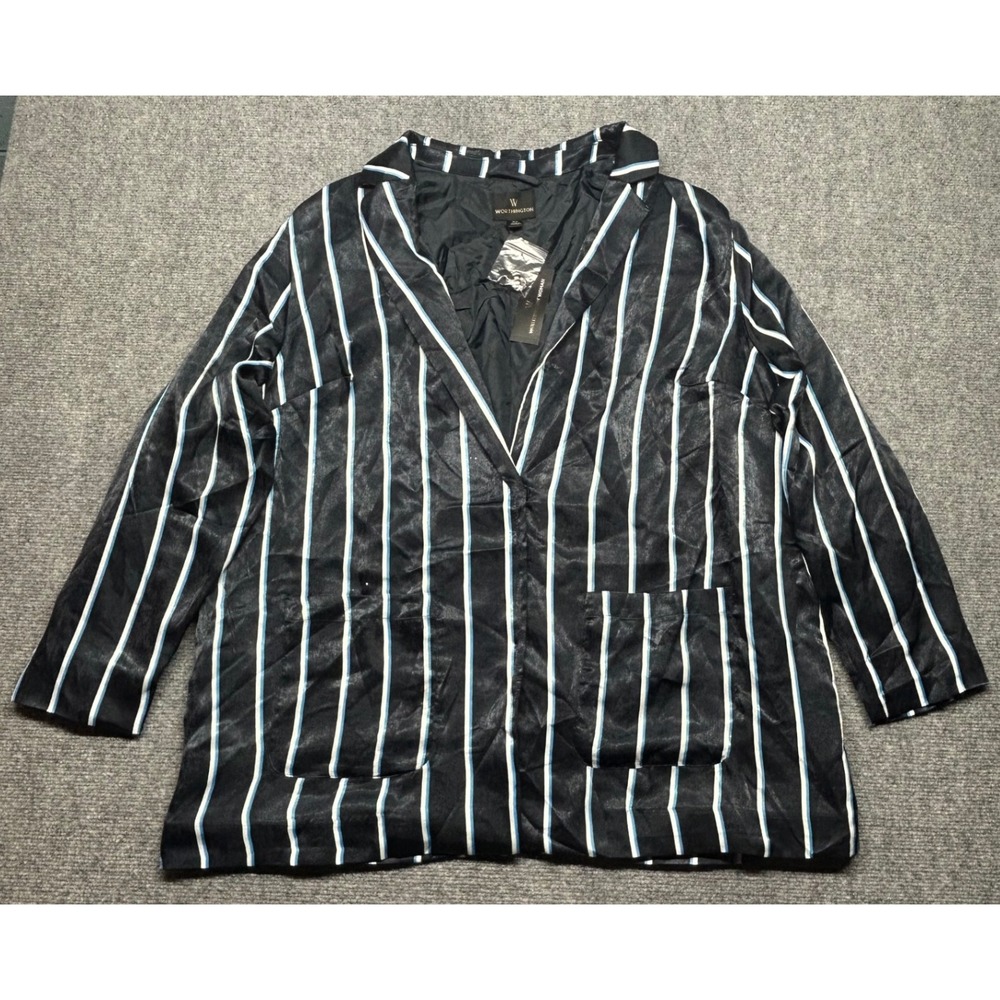 Worthington One Button Jacket Womens 0X Black White Blue Striped Front New